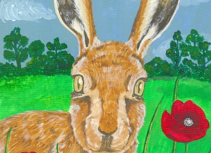 An acrylic portrait of a Brown Hare in a poppy meadow.